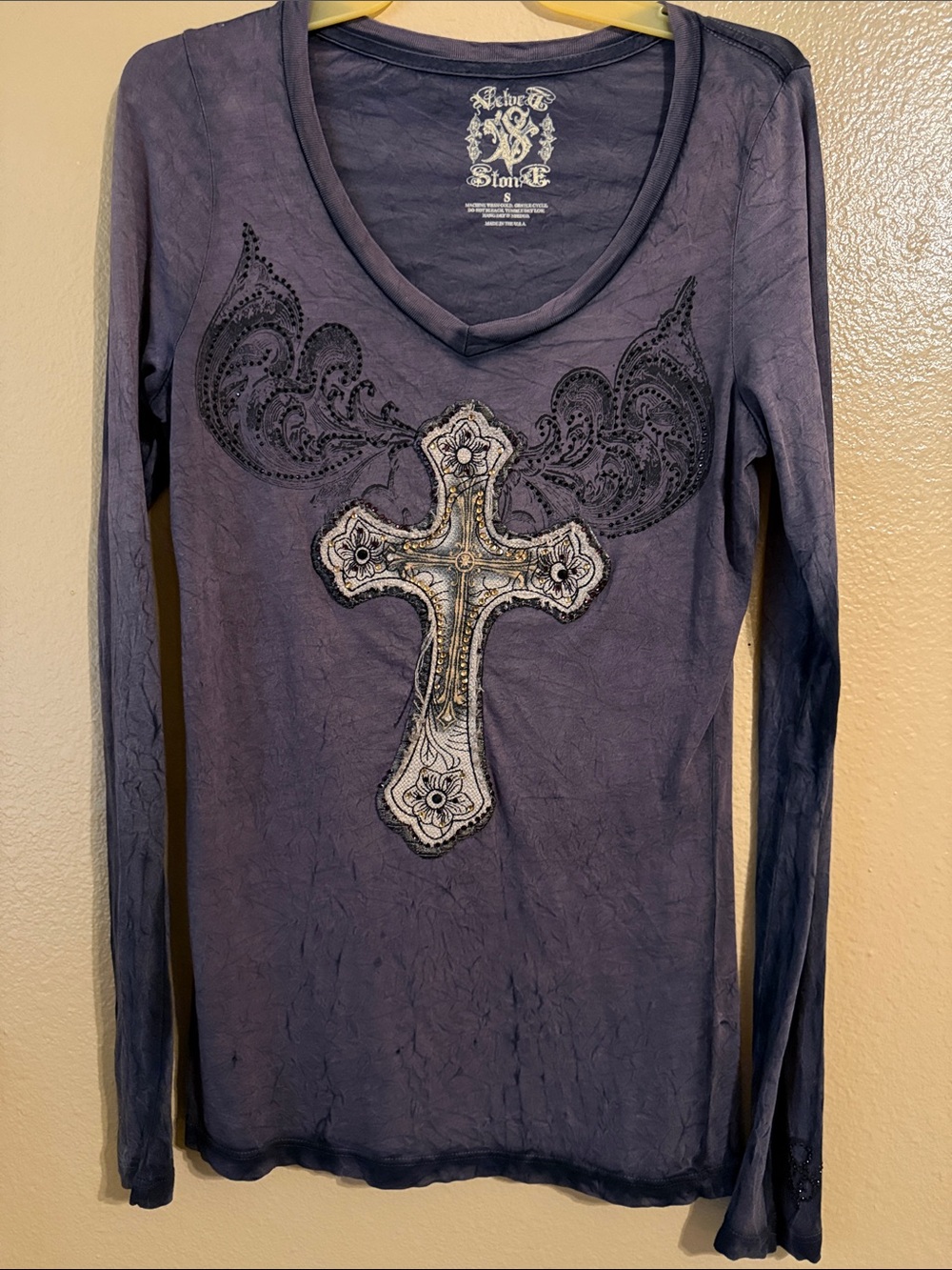 Affliction Purple Long Sleeve V-Neck Top with Embellished Cross